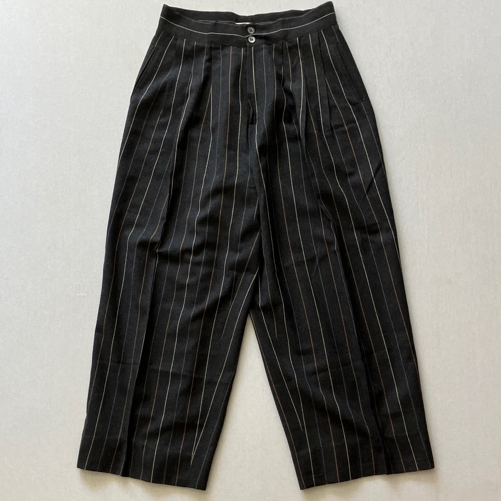 High-Rise Wide Leg Pinstripe Pants in charcoal grey with Beige Stripes